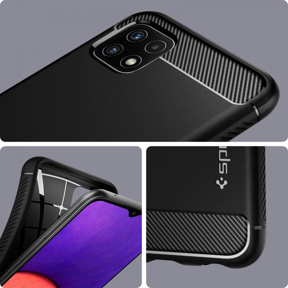 Противоударен Силиконов Калъф за Samsung A22 5G, Spigen Rugged Armor Case, Черен (5)