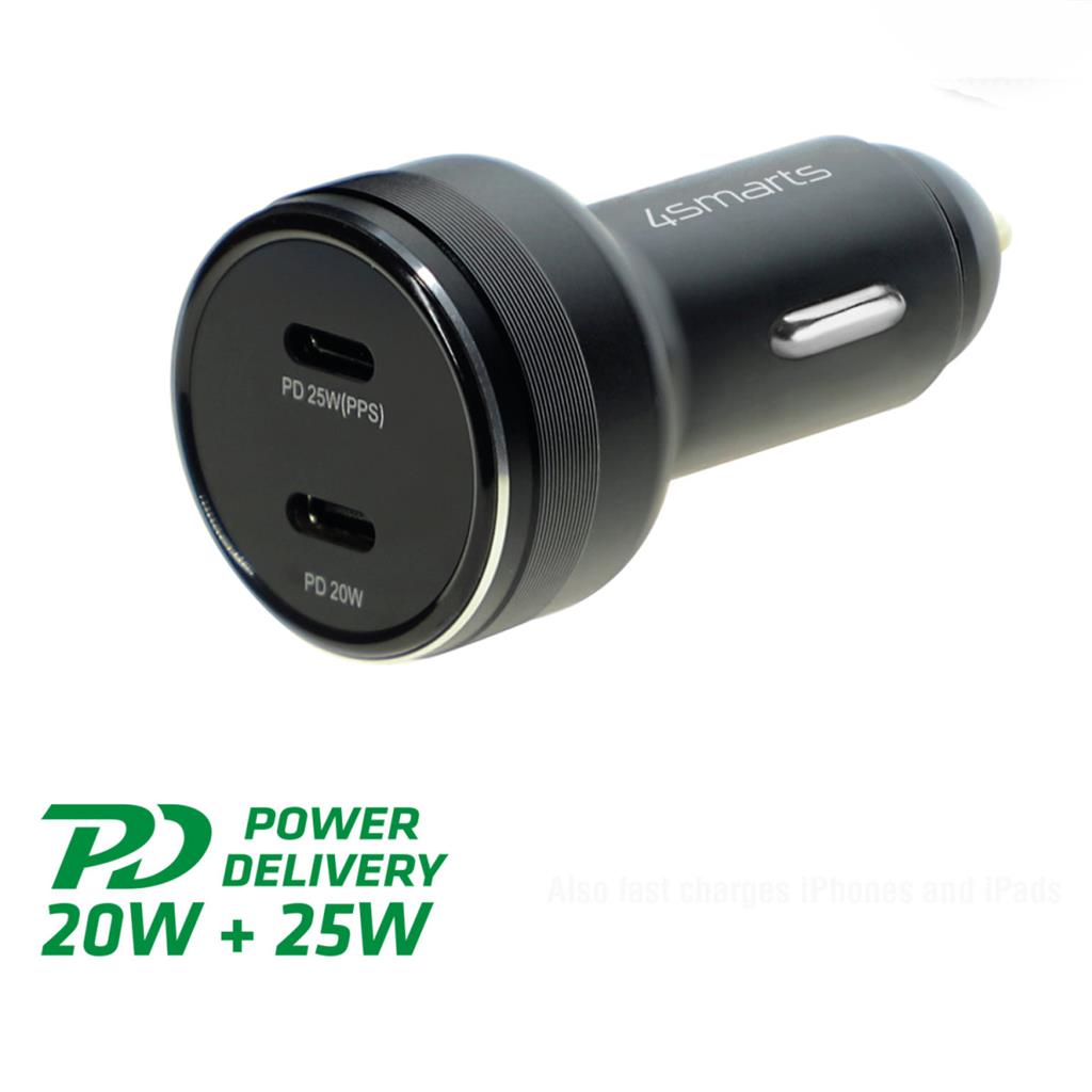 Бързо Зарядно за Кола с Два USB-C Изхода, 4Smarts 12v PD 45W, Черен