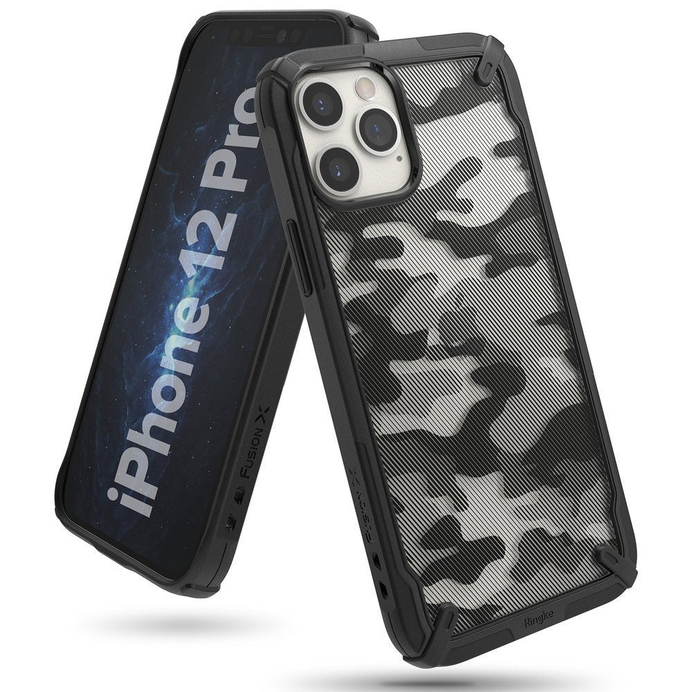 Противоударен Хибриден Калъф за iPhone 12 Pro Max, Ringke Fusion X Camouflage Case, Черен