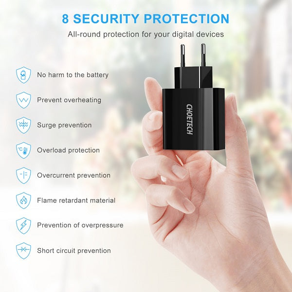 Зарядно за Телефон с Дисплей, Choetech 220v 3-Port USB Charger 3A, Черен (6)