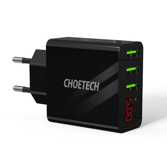 Зарядно за Телефон с Дисплей, Choetech 220v 3-Port USB Charger 3A, Черен