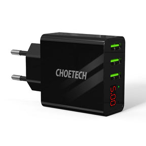 Зарядно за Телефон с Дисплей, Choetech 220v 3-Port USB Charger 3A, Черен
