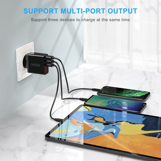 Зарядно за Телефон с Дисплей, Choetech 220v 3-Port USB Charger 3A, Черен (2)