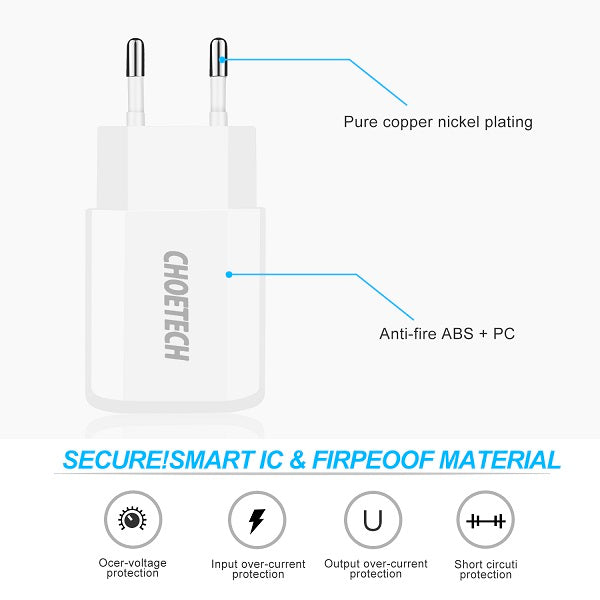 Зарядно за Телефон, Choetech 220v USB Wall Charger 10W, Бял (8)