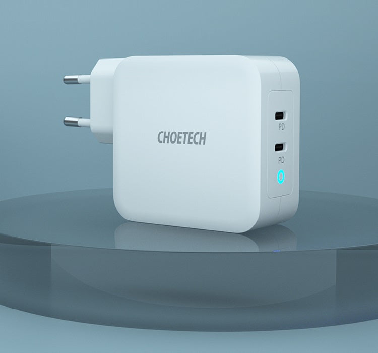 Двойно Зарядно за Apple Macbook и Лаптопи с USB-C, Choetech 220v Dual GaN 100W, Бял