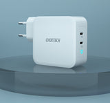 Двойно Зарядно за Apple Macbook и Лаптопи с USB-C, Choetech 220v Dual GaN 100W, Бял