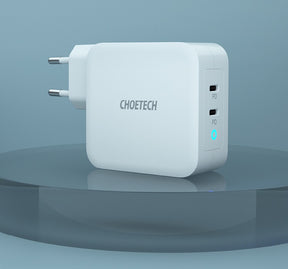 Двойно Зарядно за Apple Macbook и Лаптопи с USB-C, Choetech 220v Dual GaN 100W, Бял