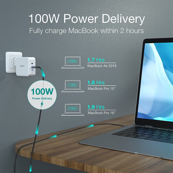 Двойно Зарядно за Apple Macbook и Лаптопи с USB-C, Choetech 220v Dual GaN 100W, Бял (3)