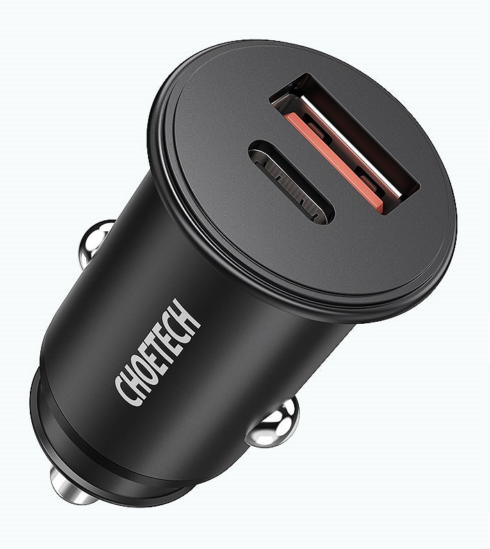 Мини Бързо Зарядно за Кола за Samsung S21/20 Note 20/10, Choetech 12v Dual Car Charger 30w, Черен