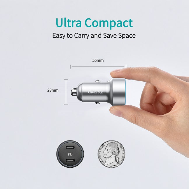 Двойно Зарядно за iPhone за Кола с USB-C, Choetech 12v Dual Car Charger PD3.0 40w, Черен (7)