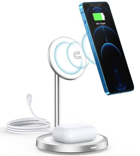 Безжично Зарядно Magsafe 2в1 за iPhone, Choetech Wireless Charging Stand 15W, Сребрист