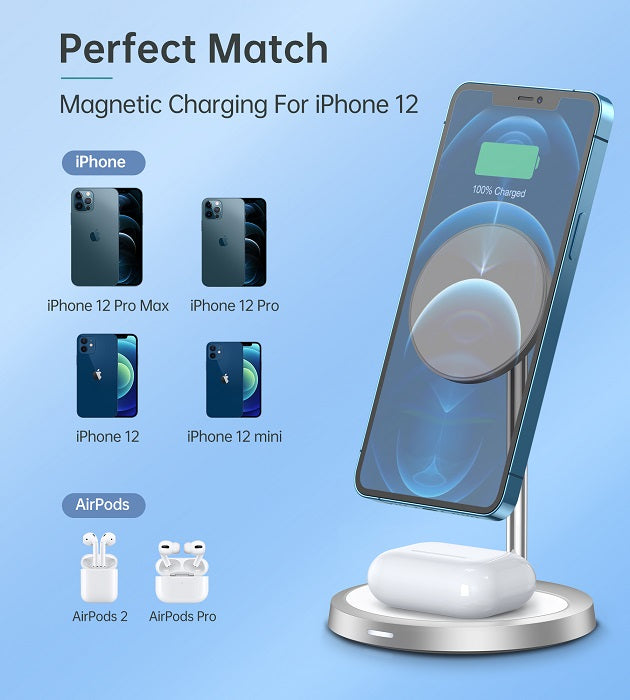 Безжично Зарядно Magsafe 2в1 за iPhone, Choetech Wireless Charging Stand 15W, Сребрист (5)