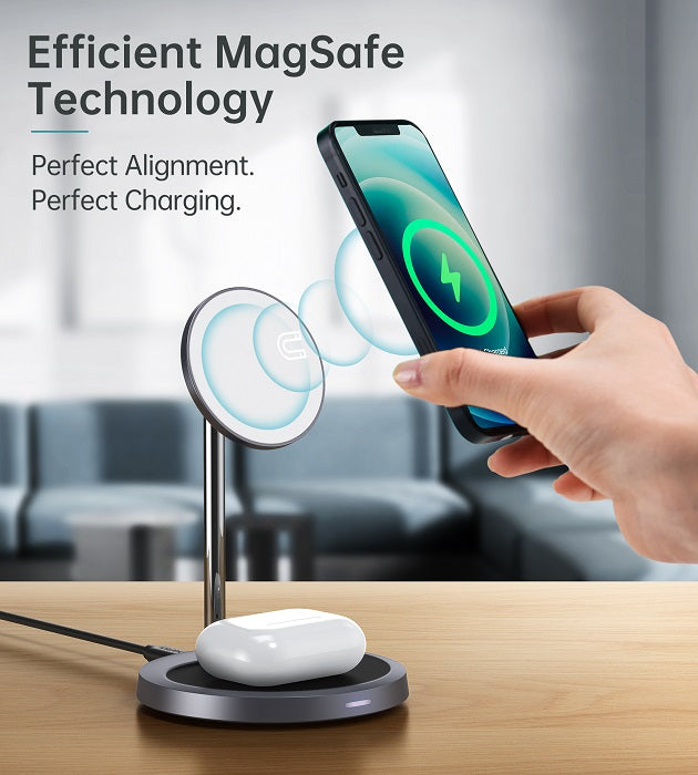 Безжично Зарядно Magsafe 2в1 за iPhone, Choetech Wireless Charging Stand 15W, Сив (2)