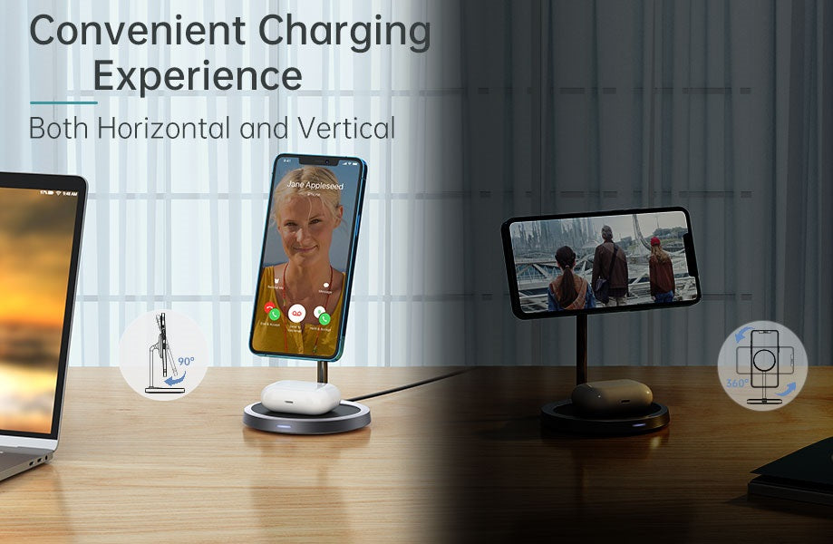 Безжично Зарядно Magsafe 2в1 за iPhone, Choetech Wireless Charging Stand 15W, Сив (7)