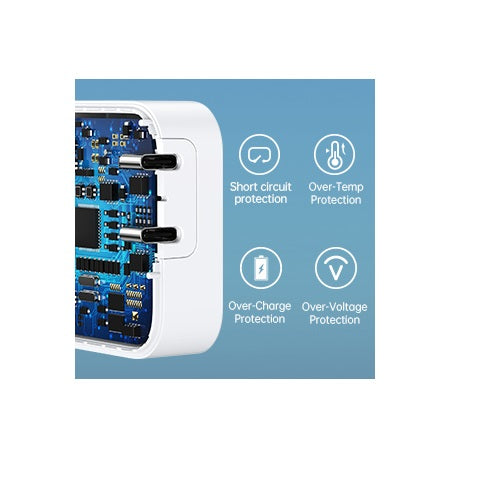 Двойно Зарядно с USB-C за iPhone, Choetech 220v Dual GaN 20+20W, Бял (5)