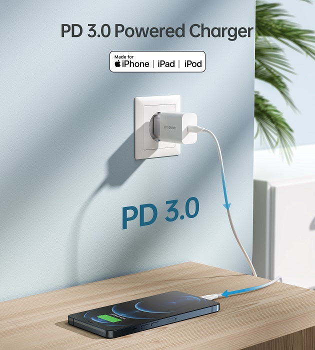 Бързо Зарядно с USB-C за iPhone, Choetech 220v PD3.0 20W, Бял (6)