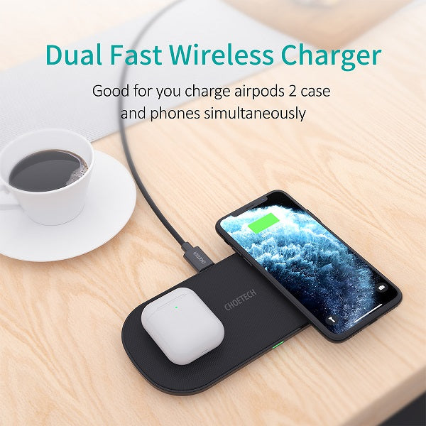Безжично Зарядно 2в1, Choetech Wireless Duo Leather Charger 18W, Черен (5)