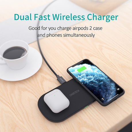 Безжично Зарядно 2в1, Choetech Wireless Duo Leather Charger 18W, Черен (5)