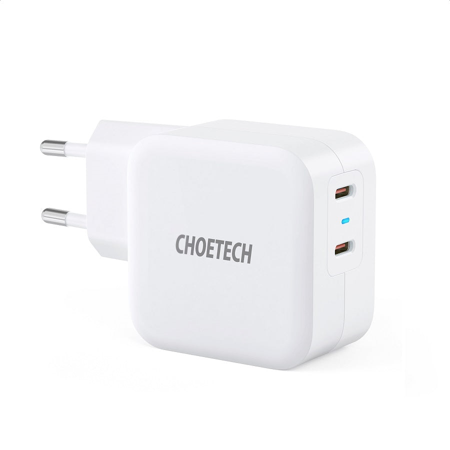 Двойно Зарядно с USB-C за iPhone, Choetech 220v Dual GaN 20+20W, Бял