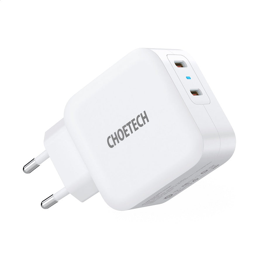 Двойно Зарядно с USB-C за iPhone, Choetech 220v Dual GaN 20+20W, Бял (2)