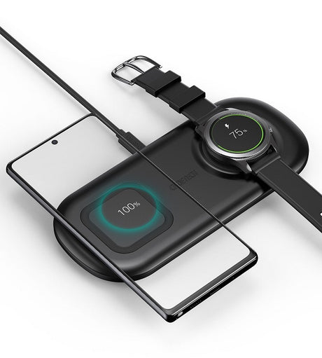 Безжично Зарядно 2в1 за Samsung Watch и Смартфони, Choetech Wireless Duo Charger 15W, Черен