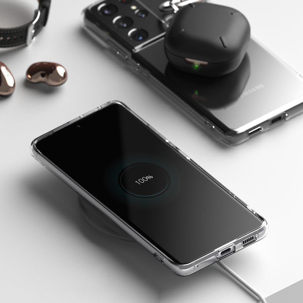 Противоударен Силиконов Калъф за Samsung S21 Ultra, Полупрозрачен, Ringke Air Case, Черен (5)
