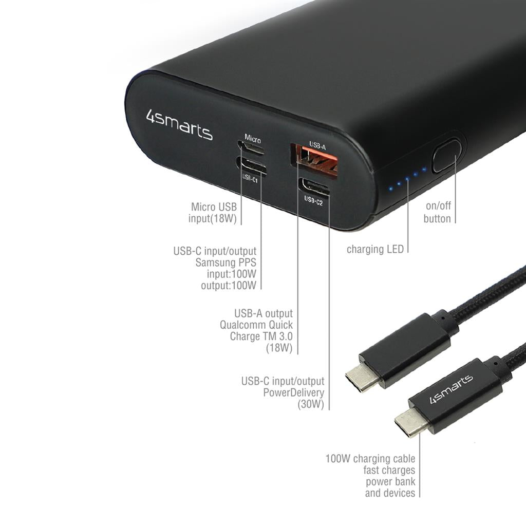 Външна Батерия, 4Smarts Power Bank Graphene PD/QC3.0 130w 20000mAh, Черен (3)