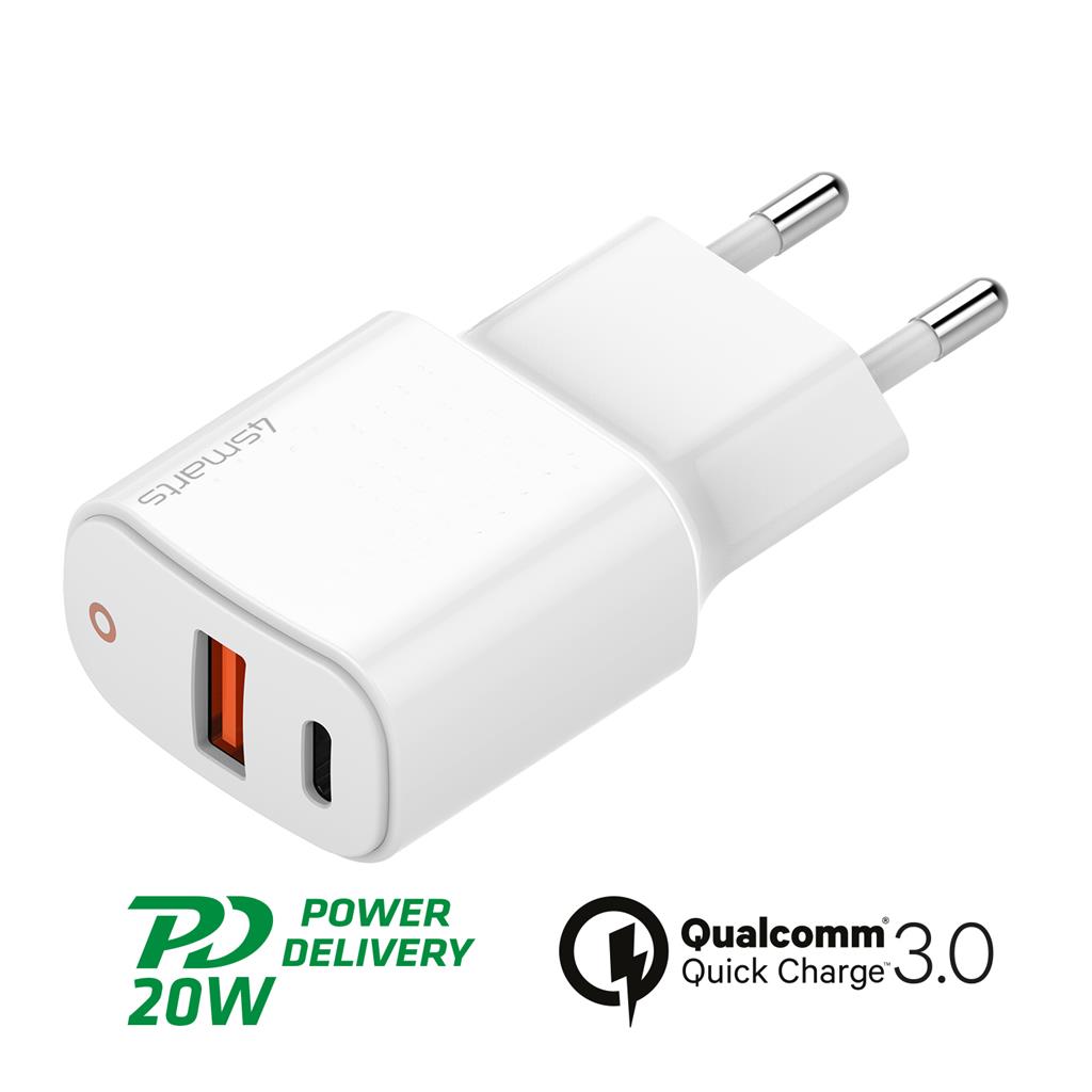 Бързо Зарядно с USB-C за iPhone, 4Smarts 220v DoublePort PD/QC 3.0 20w, Бял