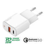 Бързо Зарядно с USB-C за iPhone, 4Smarts 220v DoublePort PD/QC 3.0 20w, Бял