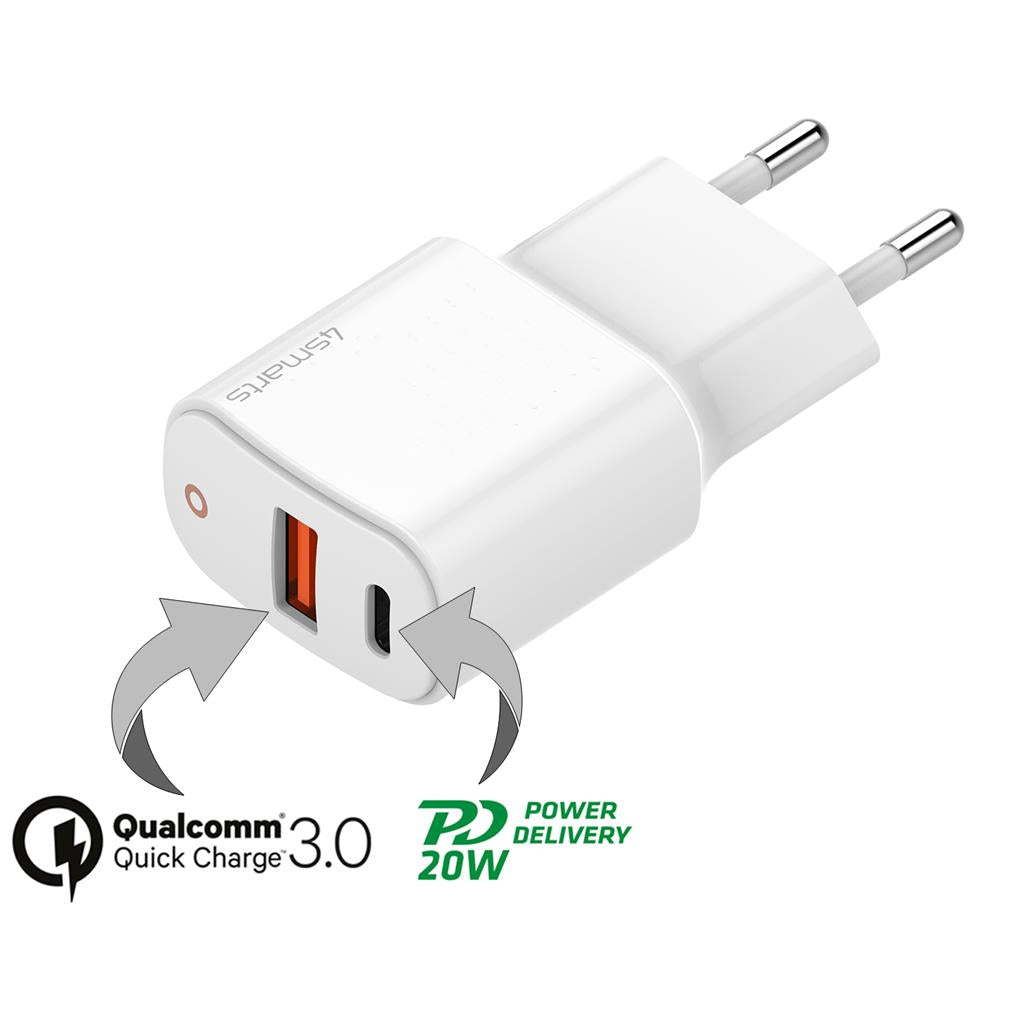 Бързо Зарядно с USB-C за iPhone, 4Smarts 220v DoublePort PD/QC 3.0 20w, Бял (2)