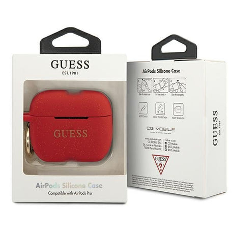 Луксозен Калъф за Apple Airpods Pro, Guess Silicone Glitter Case, Червен (3)