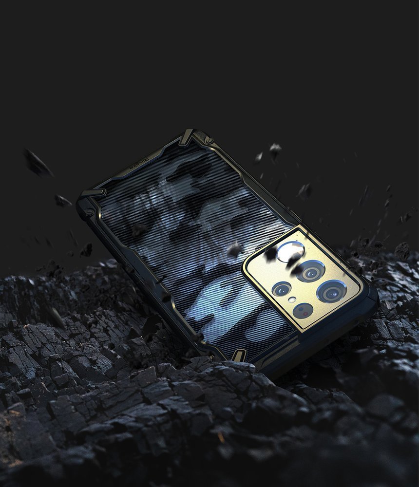 Противоударен Хибриден Калъф за Samsung S21 Ultra, Ringke Fusion X Camouflage Case, Черен (4)