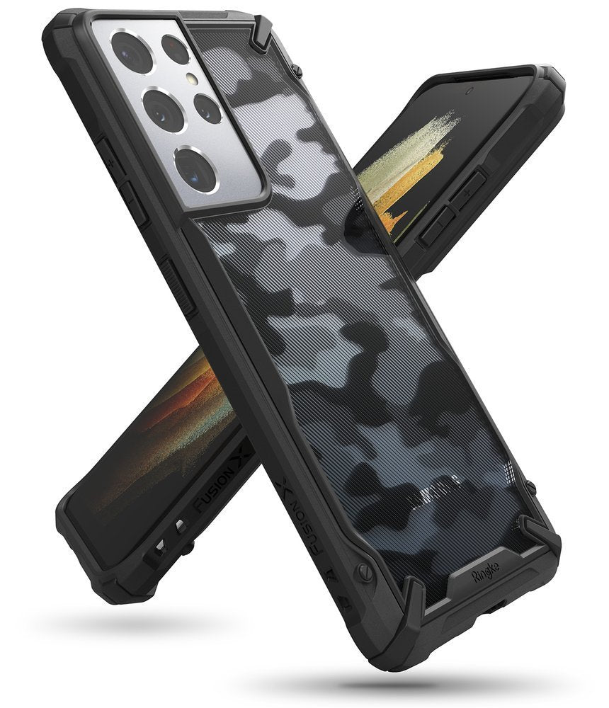 Противоударен Хибриден Калъф за Samsung S21 Ultra, Ringke Fusion X Camouflage Case, Черен