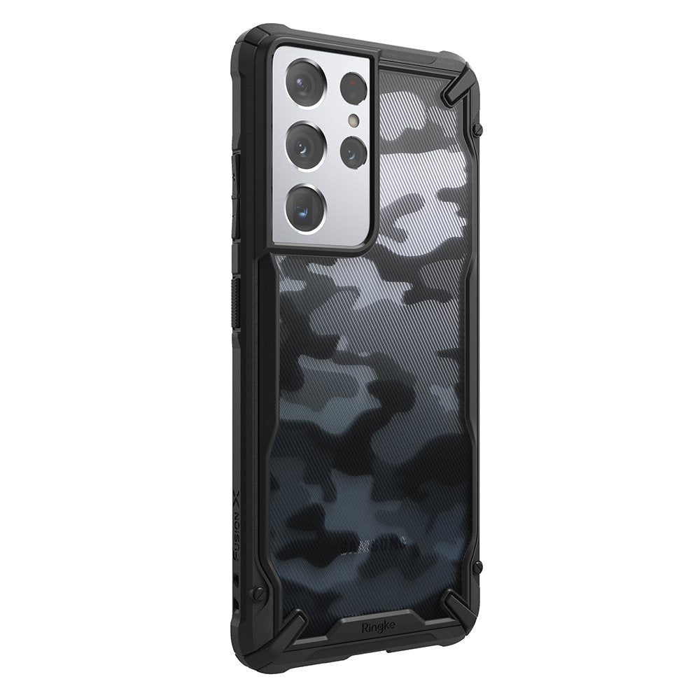 Противоударен Хибриден Калъф за Samsung S21 Ultra, Ringke Fusion X Camouflage Case, Черен (7)