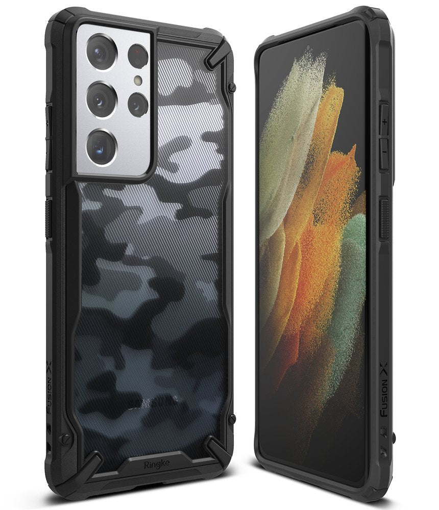 Противоударен Хибриден Калъф за Samsung S21 Ultra, Ringke Fusion X Camouflage Case, Черен (2)