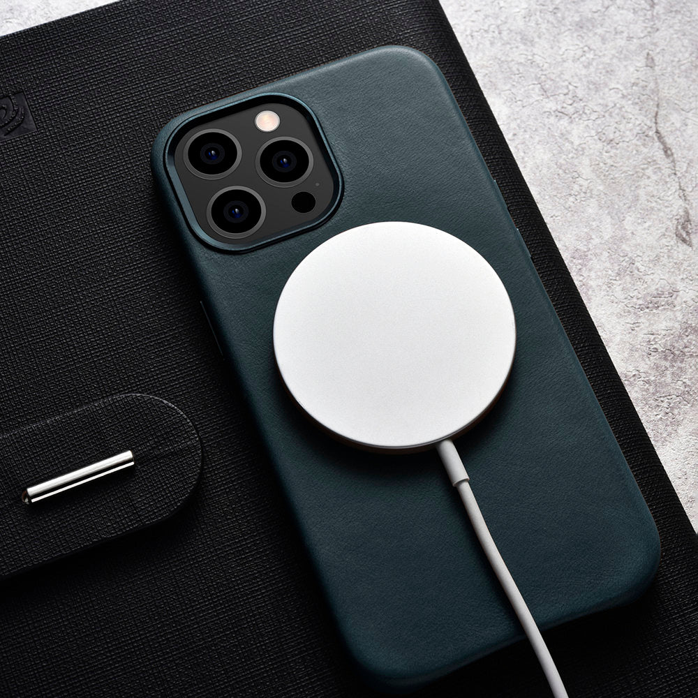 Magsafe Калъф от Естествена Кожа за iPhone 13 Pro Max, iCarer Leather Case, Син (6)