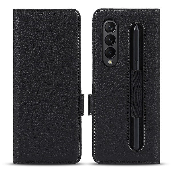 Кожен Калъф с S-Pen Поставка за Samsung Z Fold 3, GKK Leather Case, Черен