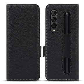 Кожен Калъф с S-Pen Поставка за Samsung Z Fold 3, GKK Leather Case, Черен