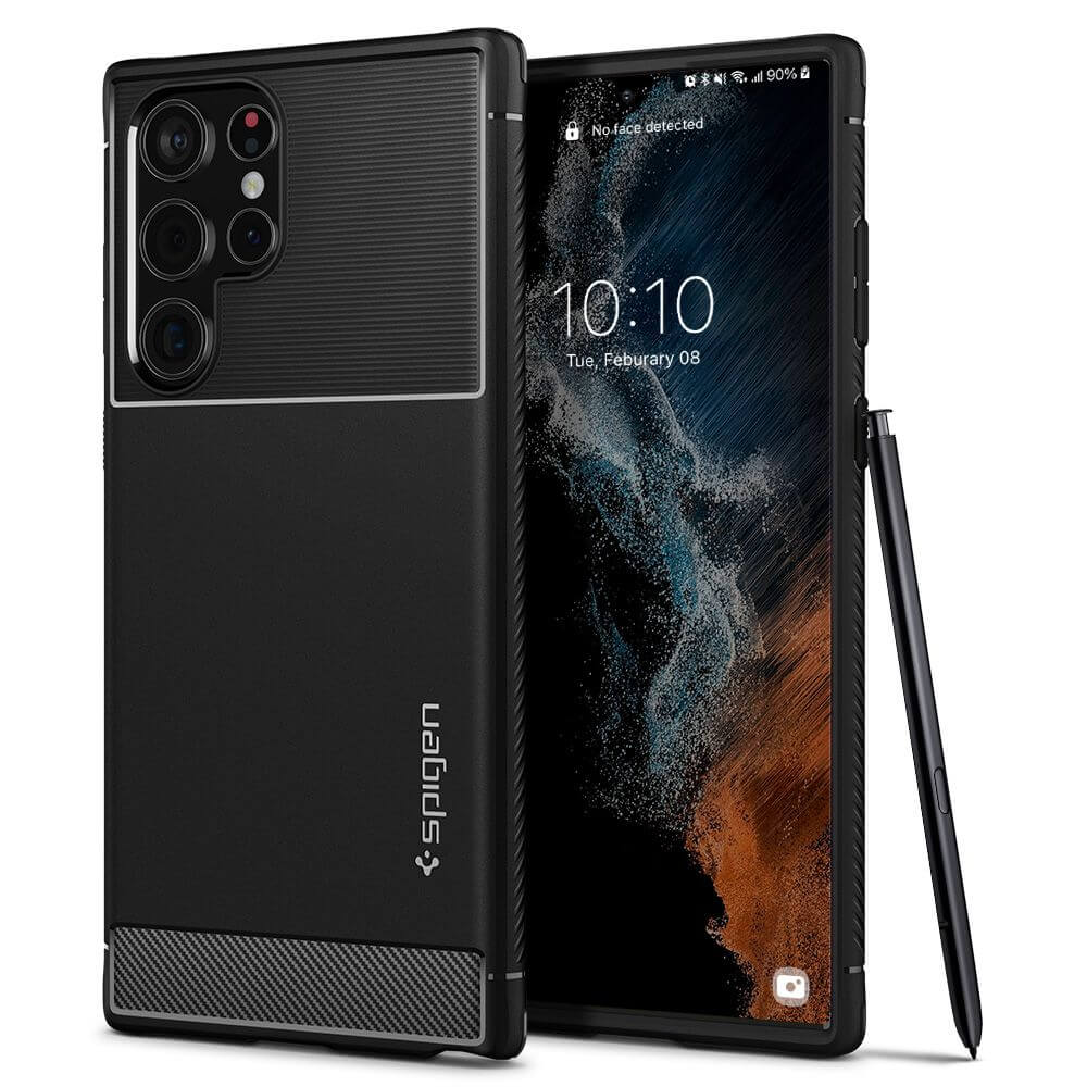 Противоударен Силиконов Калъф за Samsung S22 Ultra, Spigen Rugged Armor Case, Черен