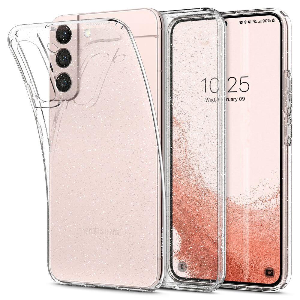 Противоударен Блестящ Калъф за Samsung S22, Spigen Liquid Crystal Glitter Quartz Case, Прозрачен