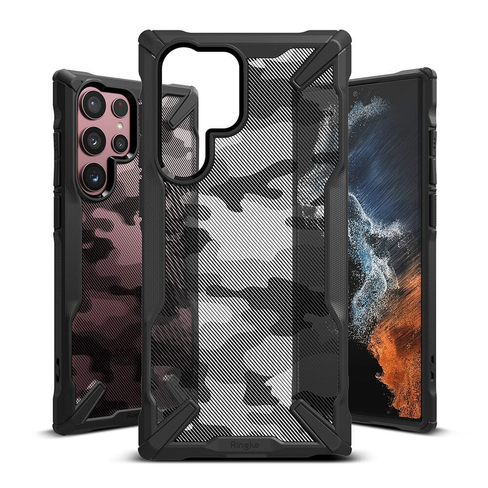 Противоударен Хибриден Калъф за Samsung S22 Ultra, Ringke Fusion X Camouflage Case, Черен (2)