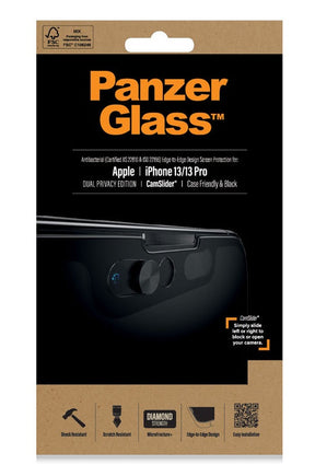 Privacy Протектор с Selfie Плъзгач за iPhone 13 Pro / 13, PanzerGlass Camslider, Черен