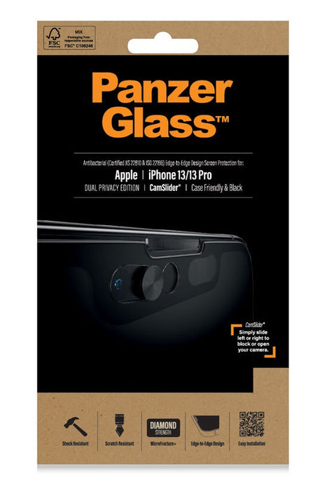 Privacy Протектор с Selfie Плъзгач за iPhone 13 Pro / 13, PanzerGlass Camslider, Черен