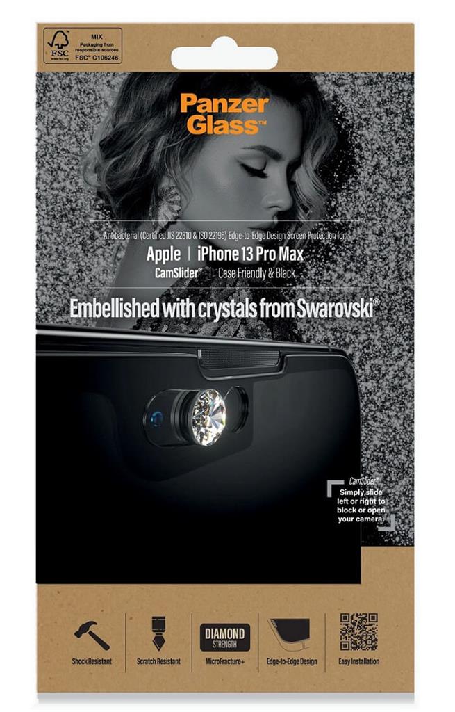 Протектор с Selfie Плъзгач за iPhone 13 Pro Max, PanzerGlass Camslider Swarovski, Прозрачен
