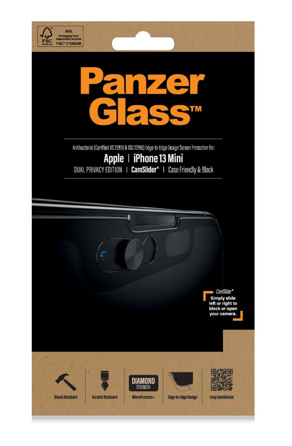 Privacy Протектор с Selfie Плъзгач за iPhone 13 Mini, PanzerGlass Camslider, Черен