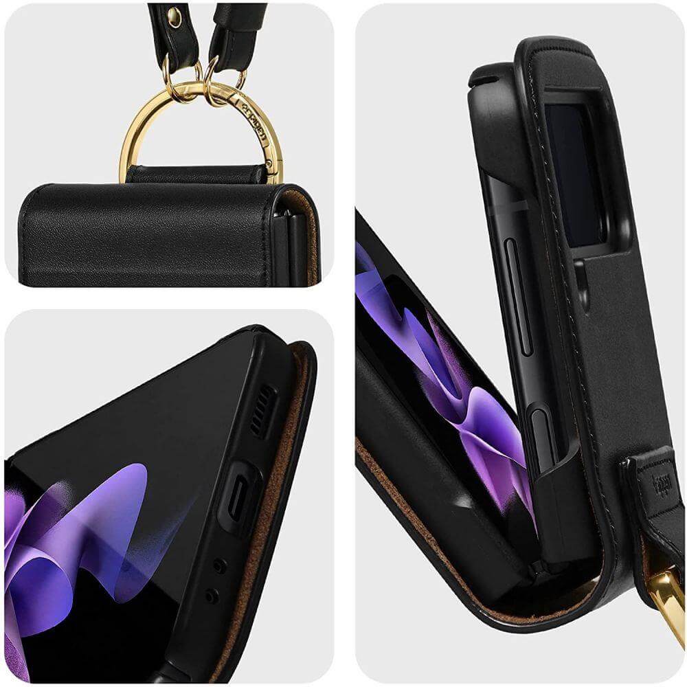 Кожен Калъф с Каишка за Samsung Z Flip 3, Spigen Lienar Case, Черен (2)