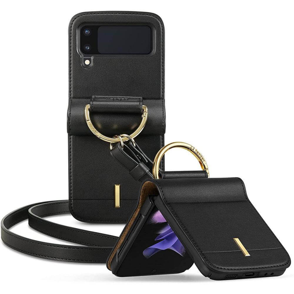 Кожен Калъф с Каишка за Samsung Z Flip 3, Spigen Lienar Case, Черен