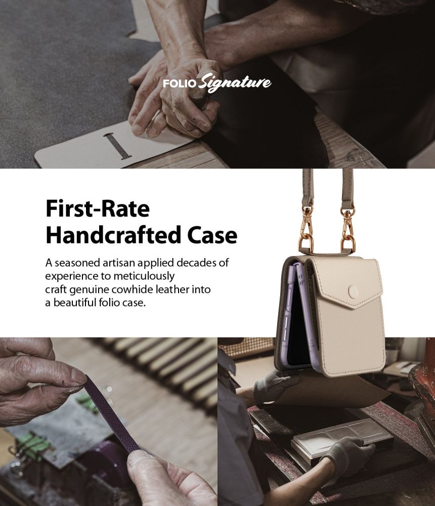 Кожен Калъф с Джоб за Samsung Z Flip 3, Ringke Folio Signature Case, Бежов (7)