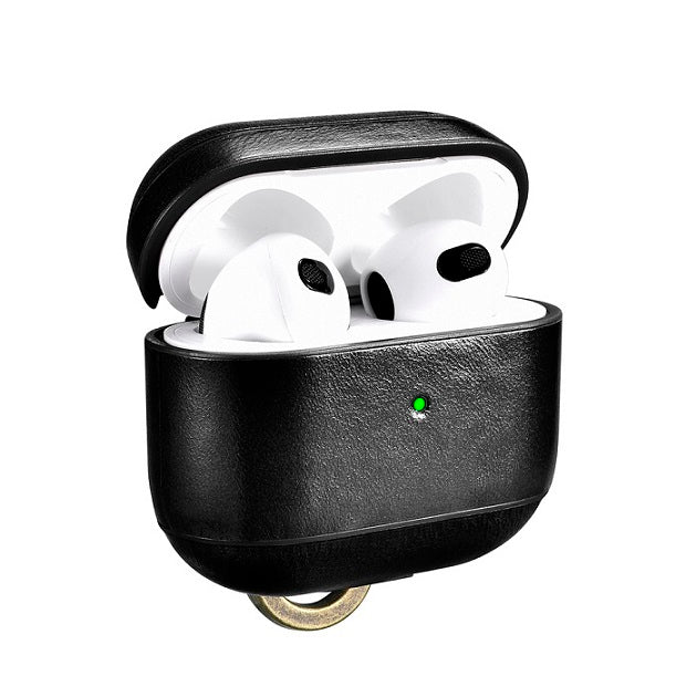 Кожен Калъф за Apple Airpods 3, iCarer Leather Hook Case, Черен