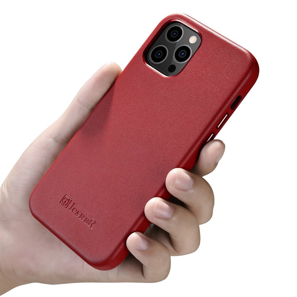 Magsafe Калъф от Естествена Кожа за iPhone 12/Pro, iCarer Leather Case, Червен (3)